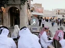 MS PAN Restored Souq Waqif with mud rendered shops and exposed timber beams / DOHA, QATAR Stock Footage