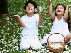Flowers falling on a boys and a girl  Stock Footage