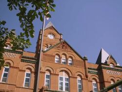 Dolly upward view of the Cass County Courthouse. Stock Footage
