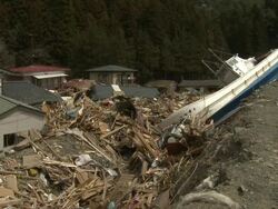 Extreme damage to the Japan Rail coastal line in Shizugawa, Miyagi, Japan on 3rd April 2011; after tsunami following Tohuku earthquake of March 2011. Stock Footage
