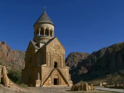 MS PAN View of monastery at gorge / Armenia Stock Footage