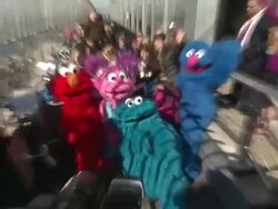 Elmo, Abby Cadabby, Cookie Monster and Grover with fans at Elmo, Cookie Monster, Grover And Abby Cadabby Visit The Empire State Building To Promote '1-2-3 Imagine! With Elmo & Friends' on 02/21/2012 in New York City, NY.   Stock Footage
