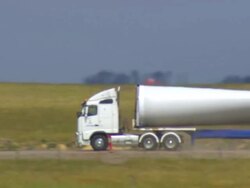 WS TS View of Turbine blade arriving on truck / Macarthur, Victoria, Australia Stock Footage