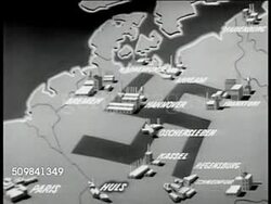 1942: MAP: Nazi swastika on map of Germany w/ illustrations of industrial cities, factories of Third Reich, WWII. Instructional Video