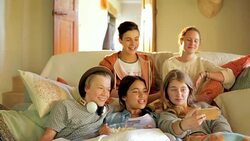 Teenage friends taking selfie in living room Stock Footage