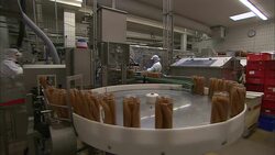 Bundles of frankfurters spin, then move along a conveyor belt. Stock Footage