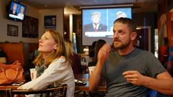 Debate viewers in Indiana react while watching on TV as Donald Trump and Hillary Clinton debate for the third and last time Stock Footage