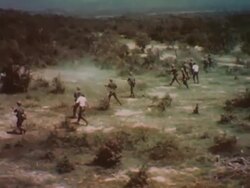 Aerial of brush landscape and foot soldiers during Vietnam War Stock Footage