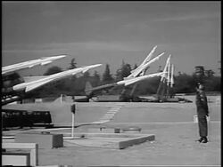 B/W 1955 Nike anti-aircraft missiles being raised / near Seattle, WA / newsreel Stock Footage