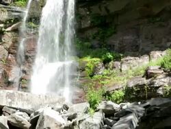 MS TD Shot of Katterskill Falls with Catskill Mountains / Haines Falls, New York, United States Stock Footage