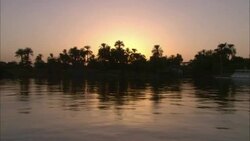 Trees and sunlight reflect in the Nile River in Egypt. Stock Footage