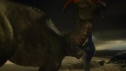 A small dinosaur scurries and jumps onto a larger dinosaur that rears and falls down, crushing the small dinosaur. Stock Footage