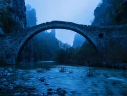 Noutsos Bridge at sunrise Stock Footage