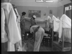 The Navy disinfects beds to fight malaria. A patient shivers under a blanket. Lab technicians in a laboratory Stock Footage