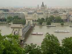 Pest, the River Danube, and the SzÃƒÂ©chenyi Chain Bridge Stock Footage