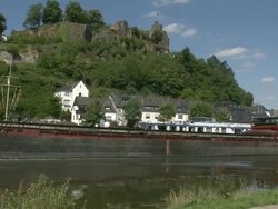 WS View of old town and castle ruin near river Saar / Saarburg, Saar-Valley, Rhineland-Palatinate, Germany Stock Footage