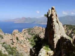 MS View over fantastic rock landscape of Calanche of Piana to sea, UNESCO World Heritage Site / Porto, Corsica, France Stock Footage