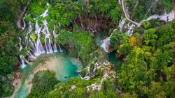 AERIAL: Lakes and Waterfalls at Plitvice Lakes National Park Stock Footage