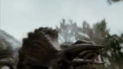 A Tyrannosaurus Rex and Triceratops tangle in a forest. Stock Footage