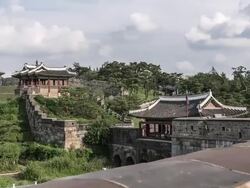 WS T/L TU View of Hwahongmun Gate in Suwon Hwaseong Castle (Unesco World Heritage)   / Suwon, Gyeonggi do, South Korea Stock Footage