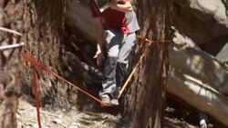A man balancing on a slackline while reading a book. Stock Footage