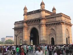 WS View of People visit Gateway of India monument built during British raj / Mumbai, India Stock Footage