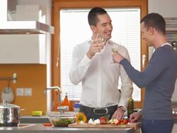 HD: Gay Couple Toasting In Kitchen Stock Footage