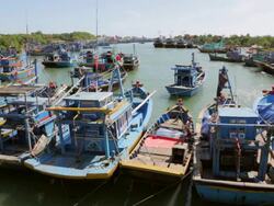 MS Traditional fishing boats at harbor / Mui Ne, Southeastern, Vietnam Stock Footage