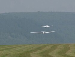 WS TU Sailplanes take off at airport / Konz-Koenen, Mosel-Valley, Rhineland-Palatinate, Germany Stock Footage