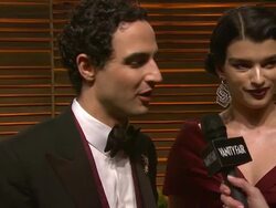 INTERVIEW - Zac Posen and Crystal Renn at the 2014 Vanity Fair Oscar Party Hosted By Graydon Carter Stock Footage