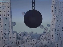Abstract Illustration of question Wall Broken by Wrecking Ball Stock Footage