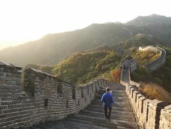 WS View of male walking on Great Wall of China Mutianyu / Huairou,Ã‚Â  China Stock Footage