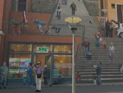 Man standing in front of the Mural Le Murs De Canuts,MS Stock Footage