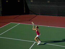 SLO MO, ZO, WS, HA, Young woman playing tennis, Santa Barbara, California, USA Stock Footage