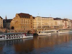 WS View of Rhine river near Schifflande and cruise / Basel, Switzerland Stock Footage