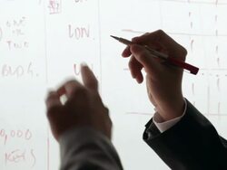 CU PAN R/F Businessman talking and writing on white board / China Stock Footage