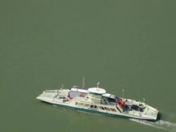 WS Ferry moving over rhine / Sankt Goarshausen, Rhineland- Palatinate, Garmany Stock Footage