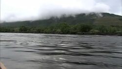 An explorer sits on the prow of a canoe as it travels upriver. Stock Footage