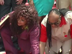 Chaka Khan (L), Stevie Wonder and Benny Medina at the Chaka Khan Receives Star On The Hollywood Walk Of Fame at Hollywood CA. (Footage by WireImage Video/GettyImages) Stock Footage