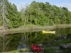 MS Peaceful lake with beautiful color canoe and catamaran in water / Somesville, Vermont, United States Stock Footage