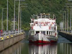 WS View of log at river Saar / Serrig, Saar-Valley, Rhineland-Palatinate, Germany Stock Footage