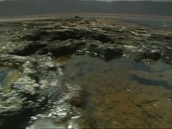 MC CU PAN View of over algae in steaming geothermal lake / Lake Bogoria, Kenya Stock Footage