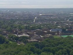 WS AERIAL View of Georgetown University Campus with Washington Monument / Washington, Dist. of Columbia, United States Stock Footage