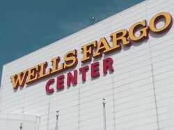 Close up of the Wells Fargo Center sign in Philadelphia, Pennsylvania. Shot pulls out revealing more of the sign Stock Footage