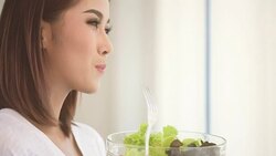 beautiful asian young woman eating healthy food Stock Footage