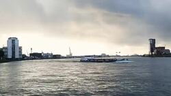 Rotterdam Skyline with ship, Real Time Stock Footage