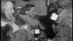 B/W 1929 Admiral Byrd + others drinking coffee + talking after flight to South Pole Stock Footage