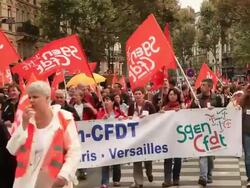 Demonstration in Paris. General strike in France 24 September 2010. Civil servants and private sector employees protesting government plans to raise the pension age from 60 to 62 years. Stock Footage