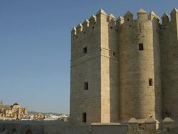 WS PAn  Calahorra Tower with Roman bridge and Cathedral-Mosque in background Stock Footage
