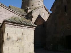 Goshavank monastery, exterior view of the churches from south Stock Footage